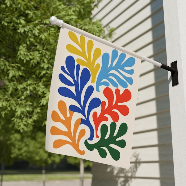 Colorful Leaves Block Print Flag, Modern Botanical Porch Banner, Boho House Flag, Multi Colored Leaf Garden Flag, Decorative Outdoor Flag