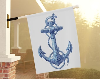 Bandeira de âncora azul e branca para casa e jardim, faixa náutica para varanda, bandeira de âncora para jardim, bandeira de casa azul e branca, bandeira estética para vela