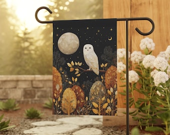 Bandera de búho de medianoche para casa y jardín, bandera de búho de luna llena para porche, bandera de búho blanco para casa, bandera de jardín en tonos tierra intensos, bandera de bosque nocturno para porche