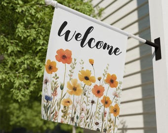 Welcome Wildflowers Home and Garden Flag, Floral Porch Banner, Orange and Yellow Flowers House Flag, Spring Garden Flag, Summer Porch Flag