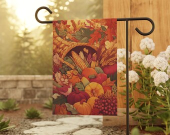 Harvest Basket Home and Garden Flag, Horn of Plenty Porch Banner, Fall Colors House Flag, Cornucopia Garden Flag, Autumn Porch Flag, Rustic