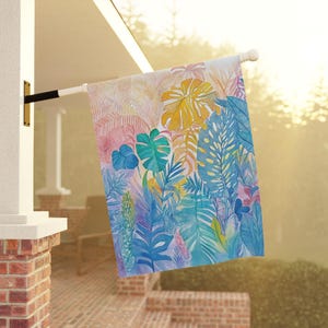 Bright Botanical Home and Garden Flag, Floral Porch Banner, Colorful Plants House Flag, Watercolor Monstera Leaves Garden Flag, Summer Flag