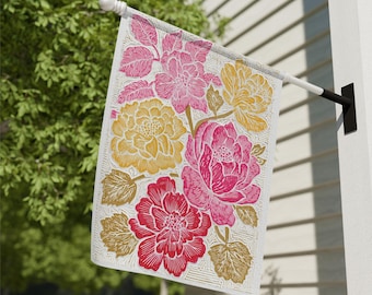 Drapeau printanier rose et jaune, bannière florale de porche, drapeau de maison fleurs, drapeau de jardin aux couleurs vives, drapeau botanique d'été de porche