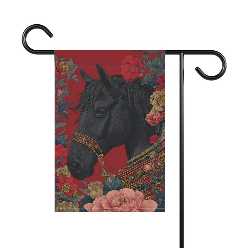 Black Arabian Stallion Garden Flag, Elegant Floral Horse Yard Decor ...