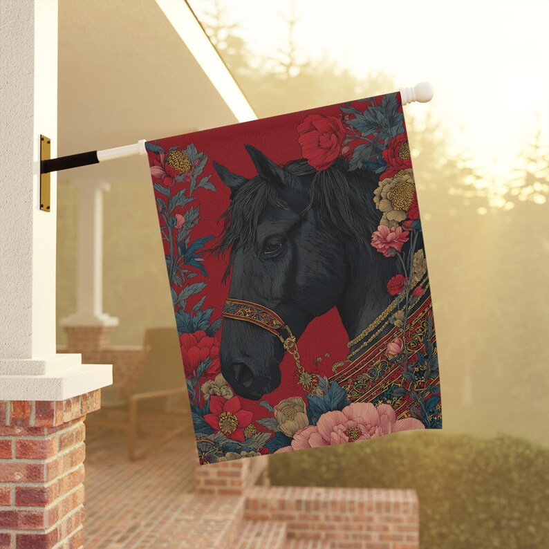 Black Arabian Stallion Garden Flag, Elegant Floral Horse Yard Decor ...