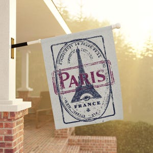 Paris Passport Stamp Home and Garden Flag, France Porch Banner, World Travel House Flag, French Garden Flag, Eiffel Tower Porch Flag