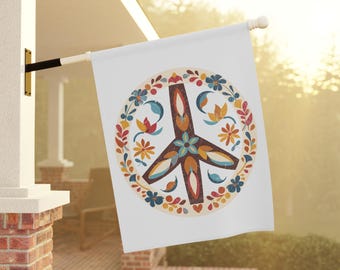 Boho Peace Symbol Home and Garden Flag, Peace Sign Porch Banner, Floral Peace Symbol House Flag, World Peace Garden Flag, Flower Peace Sign