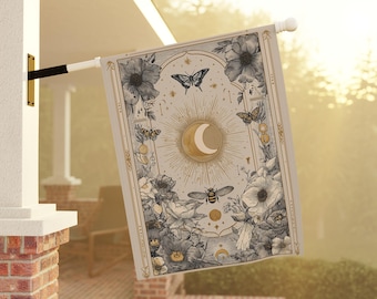 Bees and Butterflies Home and Garden Flag, Tarot Card Porch Banner, Witchy Garden Flag, Cottagecore House Flag, Crescent Moon Porch Flag