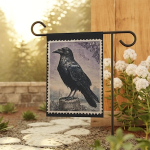 Raven Travel Stamp Home and Garden Flag, Vintage Raven Porch Banner, Crow House Flag, Raven Garden Flag, Nevermore Porch Flag