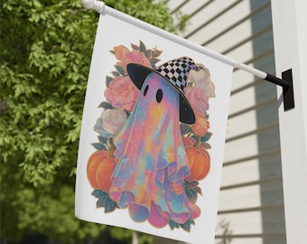 Sparkly Ghost Home and Garden Flag, Trick or Treat Porch Banner, Cute Ghost House Flag, Sparklecore Halloween Porch Flag, Fall Pumpkins Flag