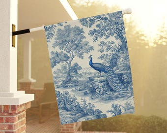 Vintage Block Print Pfau Garten Flagge, Blau und Creme Porch Banner, Vogel Liebhaber Geschenk, Vintage Wildlife Haus Flagge, Retro Veranda Flagge