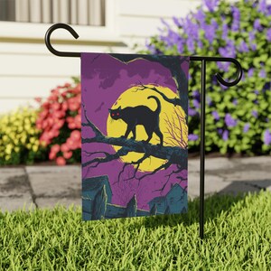 Black Cat Full Moon Home and Garden Flag, Halloween Porch Banner, Spooky House Flag, Halloween Garden Flag, Porch Decorations