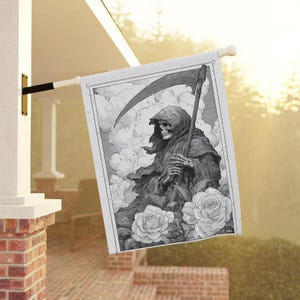 Grim Reaper Home and Garden Flag, Black and White Halloween Porch Banner, Death with his Scythe House Flag, Macabre Garden Flag, Gothic Flag