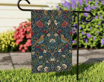 Birds On Strawberry Vines Home and Garden Flag, Sparrows Porch Banner, Strawberries House Flag, Cottagecore Garden Flag, Vintage Design Flag