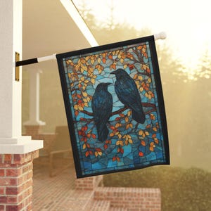Stained Glass Ravens Home and Garden Flag, Raven Porch Banner, Crows Garden Flag, Blackbird House Flag, Stain Glass Birds Porch Flag
