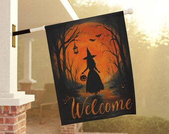 Welcome Witch Home and Garden Flag, Halloween Night Porch Banner, Witchy House Flag, Full Moon Garden Flag, Trick or Treat Porch Flag
