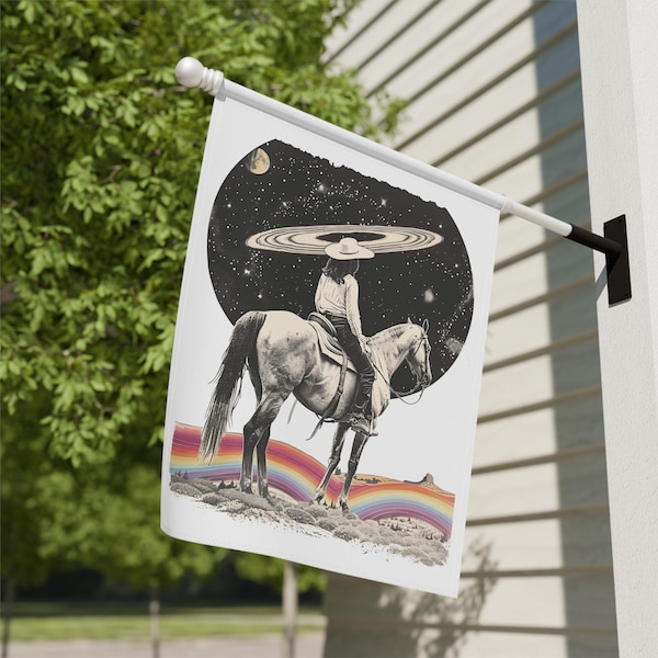 Cosmic Cowgirl Home and Garden Flag, Rainbow Road Cowgirl Porch Banner, Horseback Riding Garden Flag, Outer Space House Flag, Pop Art Flag