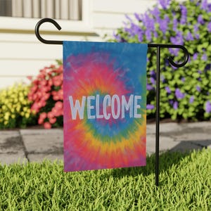 Tie Dye Willkommen Haus und Garten Flagge, Hippie Willkommen Porch Banner, Retro 60er Jahre Haus Flagge, helle Farben Willkommen Flagge, bunte Garten Flagge