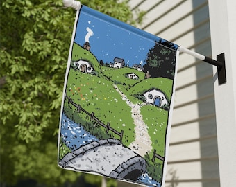 Halfling Village Home and Garden Flag, Fantasy Porch Banner, Quaint Cottages House Flag, Whimsical Garden Flag, Charming Rustic Porch Flag