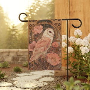 Ornate Owl Home and Garden Flag, Owl Porch Banner, Cottagecore House Flag, Bird Lover Garden Flag, Floral Home Flag, Gift for Gardener