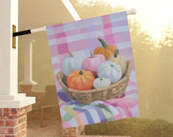 Bandera de calabazas de otoño coloridas para casa y jardín, pancarta de picnic de colores brillantes para porche, bandera de casa otoñal, bandera de jardín de temporada de cosecha, tartán rosa