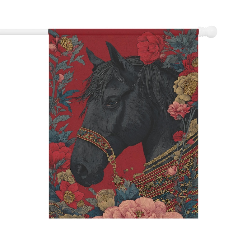 Black Arabian Stallion Garden Flag, Elegant Floral Horse Yard Decor ...