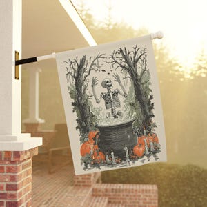 Bandera de casa y jardín de Skeleton Brew, pancarta de porche de Halloween, bandera de jardín de caldero, bandera de casa de hechizo de bruja, bandera de jardín de Halloween, calabazas