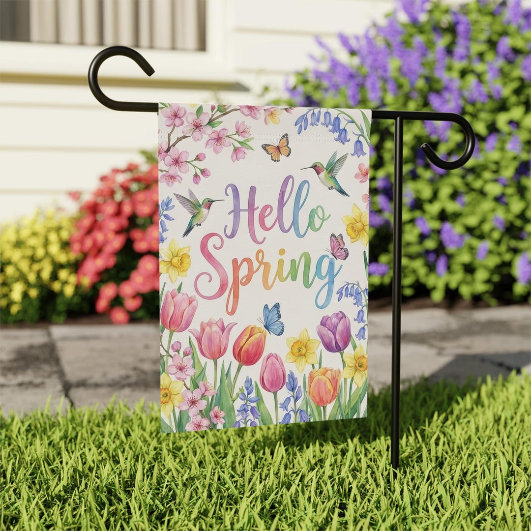 Hello Spring Hummingbird Hello Spring Garden Flag, Watercolor Hummingbird Yard Decor, Floral ...