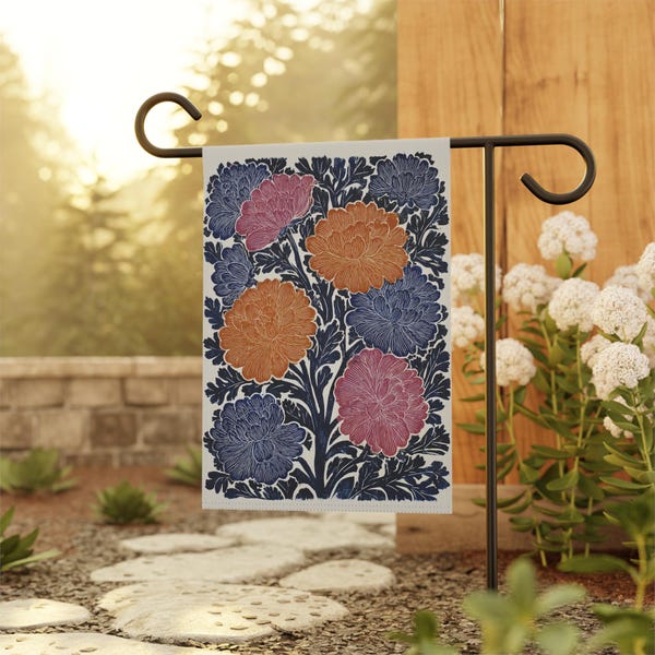 Fall Thistle Block Print Home and Garden Flag, Vintage Wildflowers Porch Banner, Retro Blue Floral Pattern House Flag, Maximalist Porch Flag