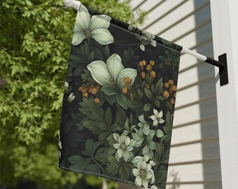 May include: A dark green garden flag with a white floral pattern. The flowers are stylized and have a vintage feel. The flag is hanging from a white pole.