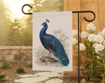 Vintage Pfau Haus- und Gartenfahne, nostalgische Pfau-Veranda-Fahne, Vintage Vibes Hausfahne, blaue Pfau-Gartenfahne, Geschenk für Vogelliebhaber