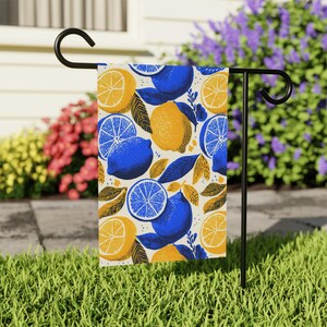 Blue and Yellow Lemon Motif Home and Garden Flag, Citrus Porch Banner, Lemons Garden Flag, Art Deco Porch Flag, Retro Home Flag, Yellow Flag