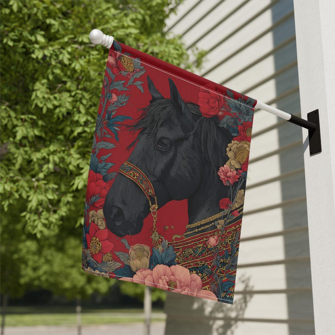 Black Arabian Stallion Garden Flag, Elegant Floral Horse Yard Decor ...