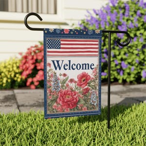 Americana Willkommen Haus- und Gartenfahne, Willkommen-Veranda-Banner, amerikanische Gartenfahne, Wildblumen-Sommerhausfahne, rote, weiße und blaue Fahne