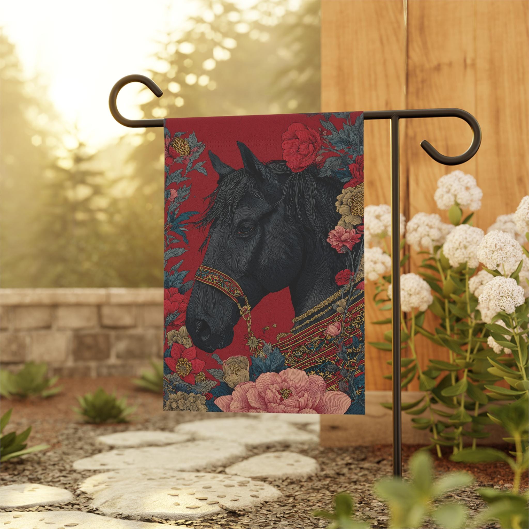 Black Arabian Stallion Garden Flag, Elegant Floral Horse Yard Decor ...
