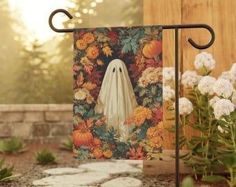 Fall Vintage Ghost Garden Flag, Cute Ghost Porch Banner, Halloween House Flag, Fall Porch Flag, Trick or Treat Garden Flag, Spooky Flag