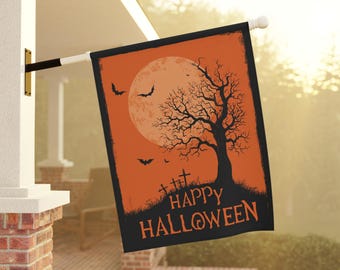 Spooky Halloween Home and Garden Flag, Halloween Cemetery Porch Banner, Full Moon House Flag, Bats Porch Flag, Trick or Treat Garden Flag