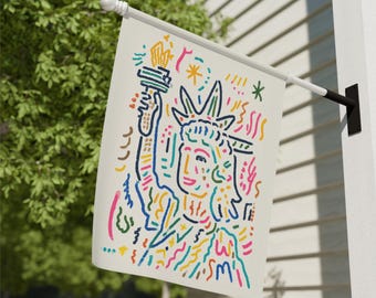 Bandeira de jardim com rabiscos da Estátua da Liberdade, faixa de varanda com arte pop da Senhora da Liberdade, bandeira de casa colorida, bandeira de jardim maximalista, bandeira de varanda do 4 de julho