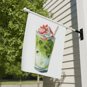 Matcha Smoothie Home and Garden Flag, Foodie Porch Banner, Strawberries House Flag, Fun Garden Flag, Garden Party Flag, Food Lover Gift