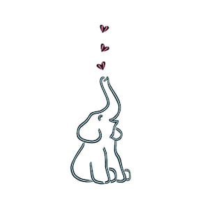 May include: A line drawing of a white elephant with its trunk raised, reaching for a series of five pink hearts.
