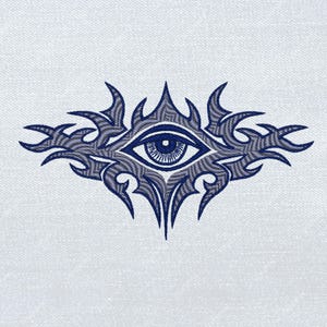 Puede incluir: Un diseño simétrico y detallado con un ojo central con iris azul, rodeado de patrones estilizados de inspiración tribal en tonos azules y grises. El diseño se encuentra sobre un fondo blanco, creando un contraste llamativo.