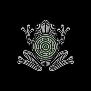 May include: A silver stylized frog with a green concentric circle design on its belly.