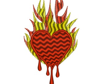 Burning Heart Machine Embroidery Design Heart With Flames Embroidery Design Fire Machine Embroidery Heart On Fire Stitch File Love DST PES