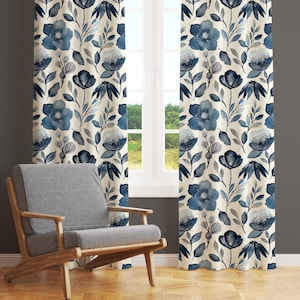 Blue Flower Curtains, Floral Curtain Panel, Vintage Design Drapes, Living Room Curtain, Indigo Window Curtains, Blackout Option, Custom Size
