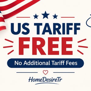 a large text overlay with the words "US TAIRF" and "FREE" prominently displayed. Below this, there is a smaller text that reads "No Additional Tariff fees" and "HomeDireTr". The background of the image has an American flag, and there is a small airplane flying in the top right corner.