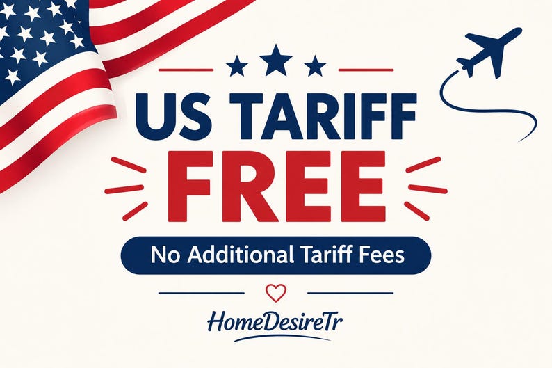 a large text overlay with the words "US TAIRF" and "FREE" prominently displayed. Below this, there is a smaller text that reads "No Additional Tariff fees" and "HomeDireTr". The background of the image has an American flag, and there is a small airplane flying in the top right corner.