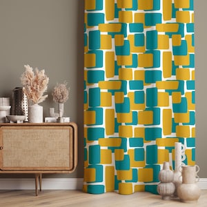 Retro Block Pattern Curtains, Mid Century Modern Drapes in Teal Mustard, Custom Size, Blackout Option, Living Room or Bedroom Curtain Panel