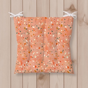 Tufted Seat Cushion with Ties, Terrazzo Print Chair Pad, Indoor Outdoor Puffy Seat Cushion, Colorful Chair Cushion, Patio Kitchen Seat Pad