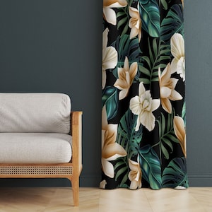 Tropical Leaf and White Flower Design Black Background Window Curtains, Exotic Floral Window Treatment, Blackout Option Drape, Curtain Panel