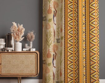 African Curtains, Ethnic Design Drapes, Tribal Pattern Window Curtains, Blackout Option, Custom Size Fabric, Living Room Wİndow Treatments